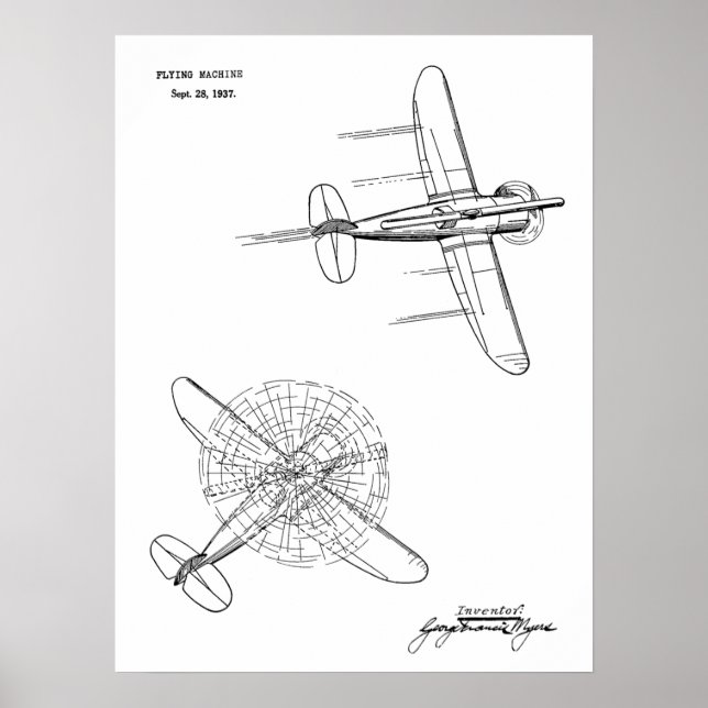 1937 Helicopter Aeroplane Patent Art Drawing Print (Front)
