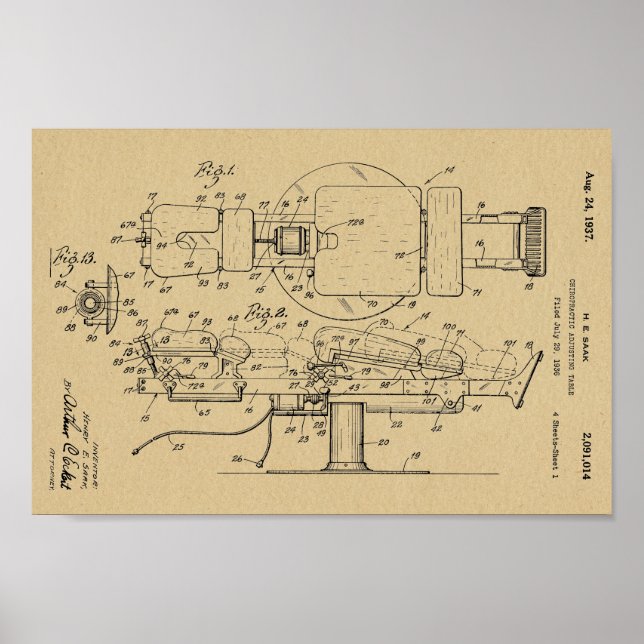 1937 Vintage Chiropractic Table Patent Art Print (Front)