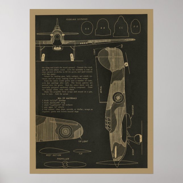 1938 Aviation Hurricane Aeroplane Design Art Print (Front)