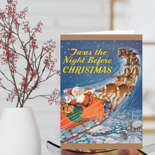 1938 Vintage Santa Claus Sleigh Reindeer Flying Holiday Card