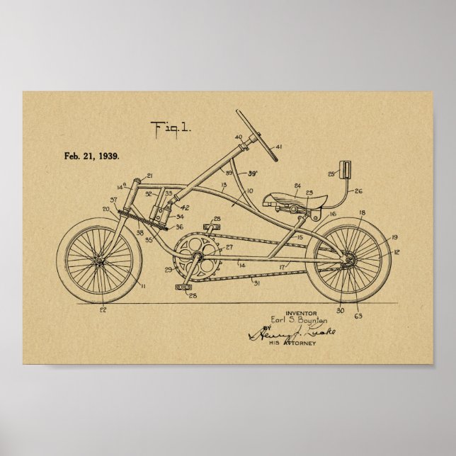 1939 Vintage Recumbent Bicycle Design Patent Art P Poster (Front)