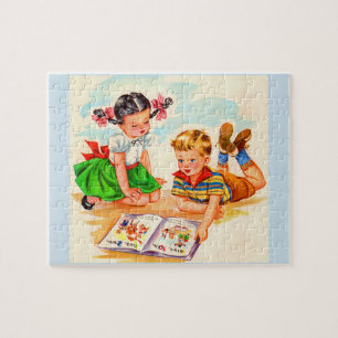 1940s adorable girl and boy and picture book jigsaw puzzle
