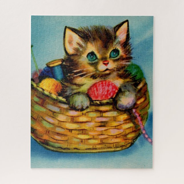 1940s adorable kitten in knitting basket jigsaw puzzle (Vertical)