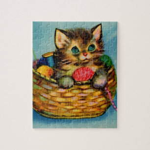1940s adorable kitten in knitting basket jigsaw puzzle