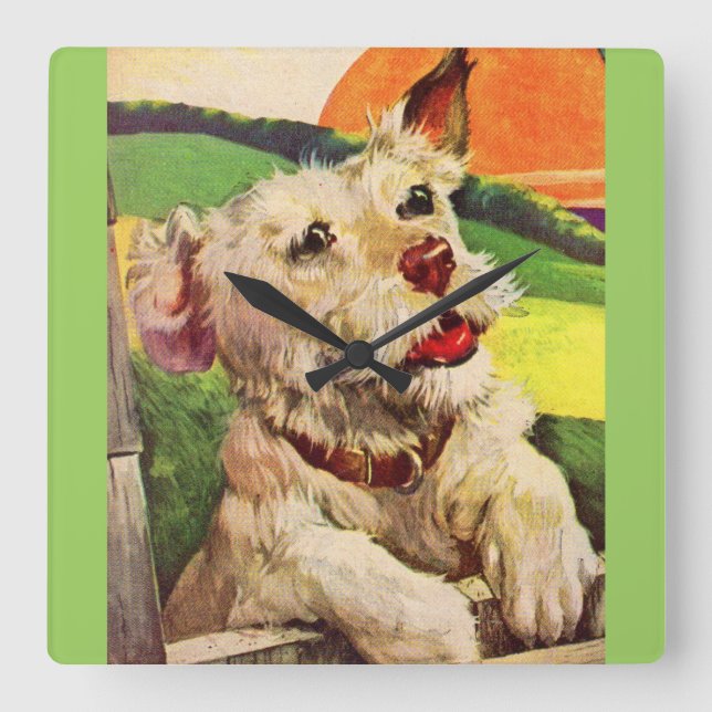 1940s adorable terrier dog square wall clock (Front)