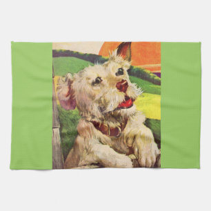 1940s adorable terrier dog tea towel