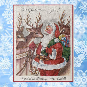 1940's Christmas Card Santa Personalise Name Jigsaw Puzzle