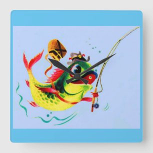 1940s fishing fish square wall clock