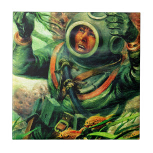 1940s illustration undersea diver in diving helmet ceramic tile