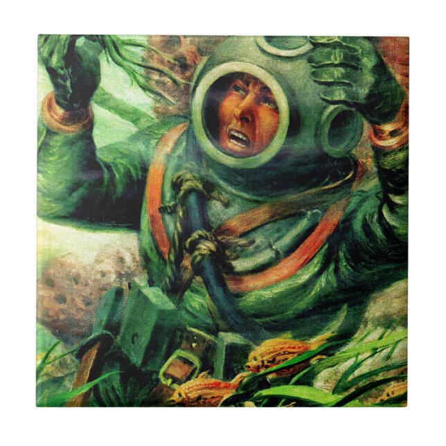 1940s illustration undersea diver in diving helmet ceramic tile (Front)