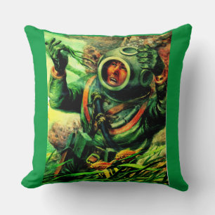 1940s illustration undersea diver in diving helmet cushion