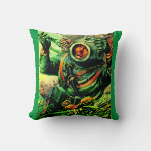1940s illustration undersea diver in diving helmet cushion