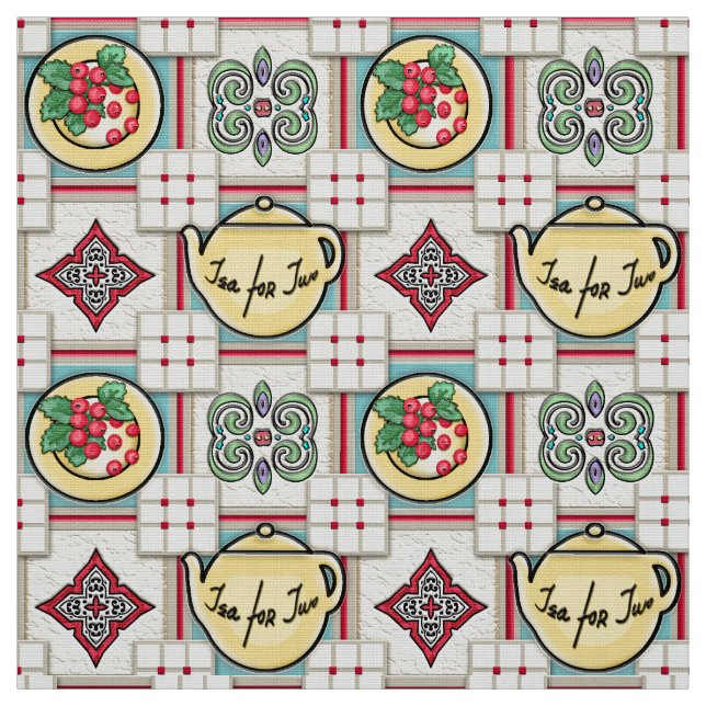 1940s Kitchen Pattern w/Yellow Teapots Fabric (Swatch)