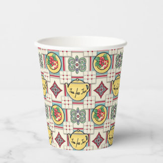 1940s Kitchen Pattern w/Yellow Teapots Paper Cups