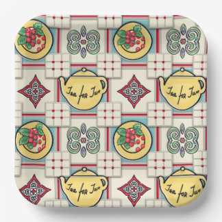 1940s Kitchen Pattern w/Yellow Teapots Paper Plate