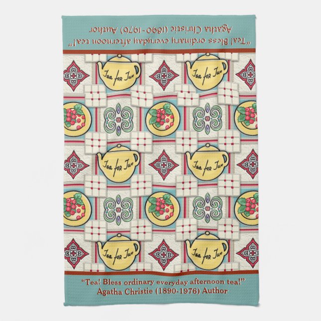 1940s Kitchen Pattern w/Yellow Teapots Personalise Tea Towel (Vertical)