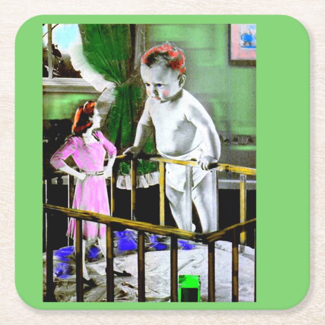 1940s mother and her giant baby square paper coaster (Front)