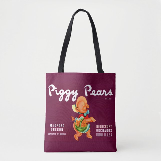  1940s piggy pears crate label print tote bag (Front)