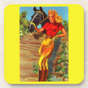1940s pin-up gal and horse coaster