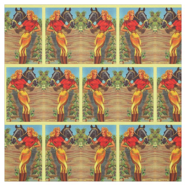 1940s pin-up gal and horse print fabric (Swatch)