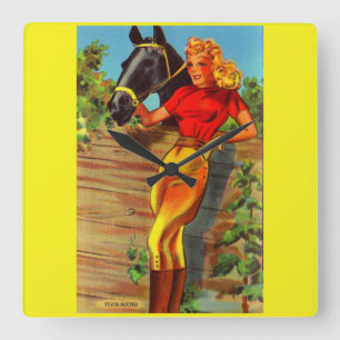 1940s pin-up gal and horse square wall clock