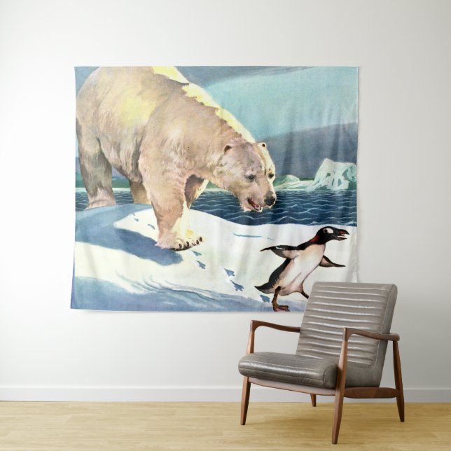 1940s polar bear and penguin print tapestry (In Situ (Horizontal))