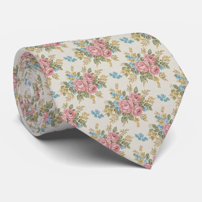 1940s Retro Bouquet Floral Pattern Tie (Rolled)