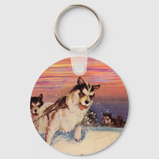 1940s Siberian husky sled dogs doing their thing Key Ring (Front)