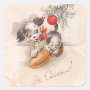1940s Vintage Its Christmas Puppy Dogs Square Sticker