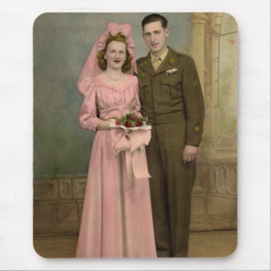1940s wedding soldier groom and bride in pink gown mouse pad