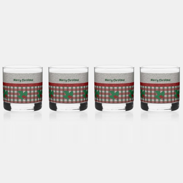 1940s Xmas Gingham - Personalised Set of 4 Whiskey Glass (Front)