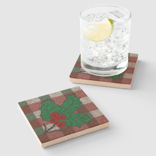1940s Xmas Gingham Sandstone  Stone Coaster (Side)