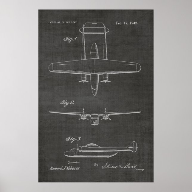 1942 Twin Aeroplane Patent Art Drawing Print (Front)