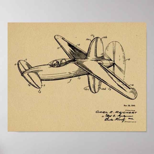 1944 Pusher Aeroplane Patent Art Drawing Print (Front)