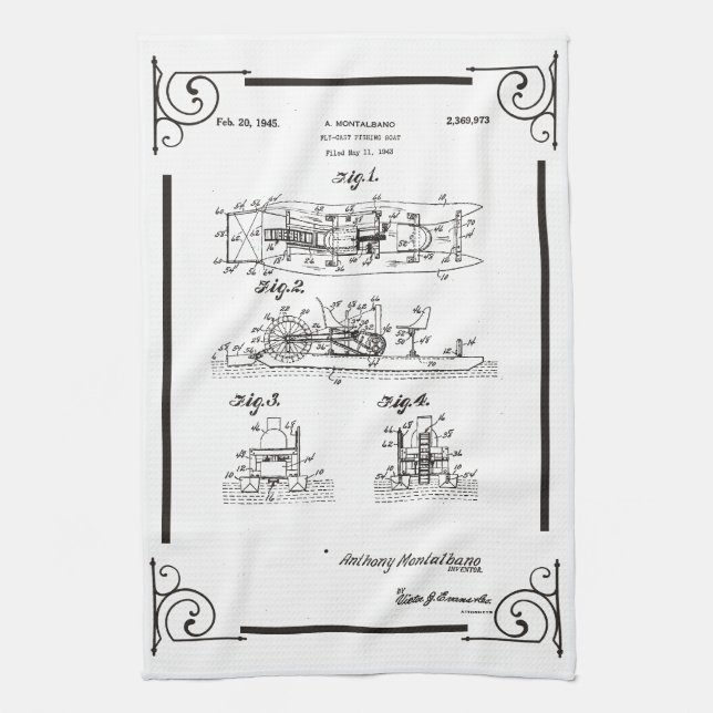 1945 Fly fishihg boat patent drawing Tea Towel (Vertical)