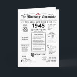 1945 The Year You Were Born Birthday Card<br><div class="desc">Step back in time with our captivating 1945 birthday card! Overflowing with intriguing facts and pivotal moments, it's a personalised voyage through 1940's history tailored for your special birthday. This 1945 birthday card is filled with captivating details and nostalgic glimpses of yesteryears. Explore significant milestones such as the invention of...</div>