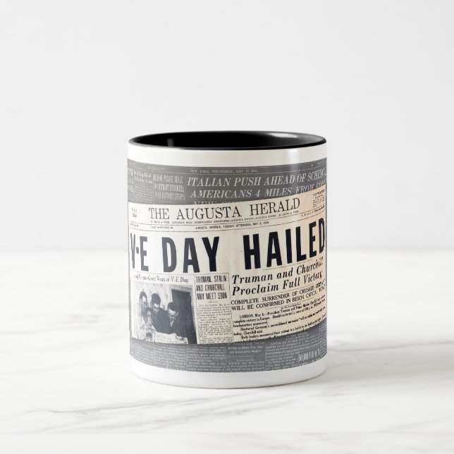 1945 V-E DAY NEWSPAPER HEADLINE WWII Two-Tone COFFEE MUG (Center)