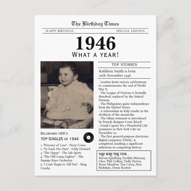 1946 Birthday Newspaper Postcard (Front)