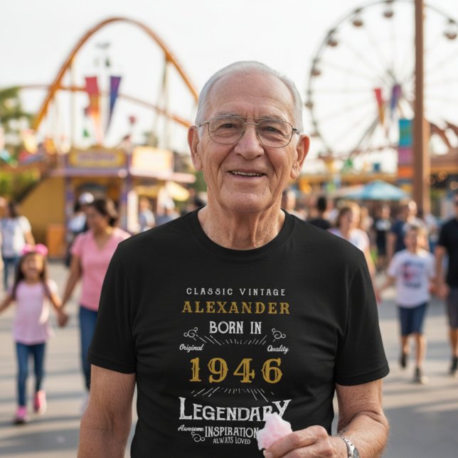 1946 Birthday Personalised Legendary Black T-Shirt (80th birthday t-shirt worn by a man at a theme park.)