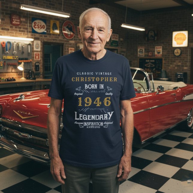 1946 Birthday Personalised Legendary Blue T-Shirt (1946 t-shirt worn in a car garage)