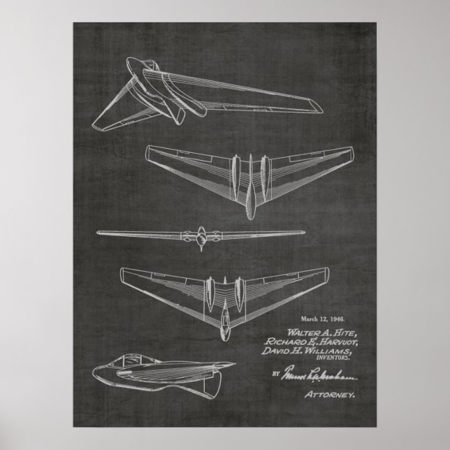 1946 Flying Wing Aeroplane Patent Art Drawing Poster (Front)