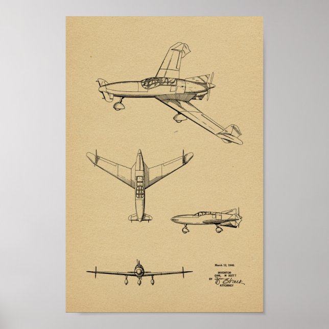 1946 Rear Prop Aeroplane Patent Art Drawing Print (Front)