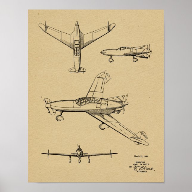 1946 Rear Prop Aeroplane Patent Art Drawing Print (Front)