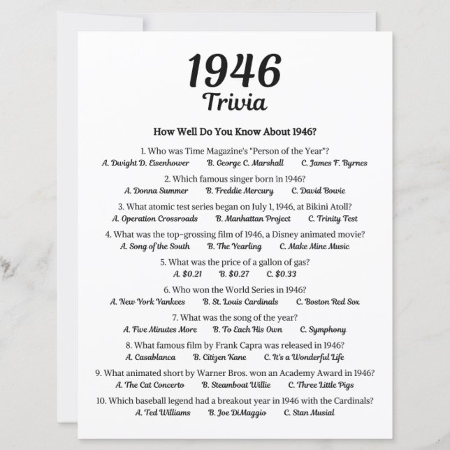 1946 Trivia Game | 79th Birthday Party Game (Front)