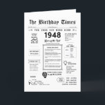 1948 Birthday Card: The Birthday Times Thank You Card<br><div class="desc">1948 Birthday Card: A Journey Through Time Step back into 1948 with our captivating birthday card, offering a personalised journey through the history of the 1940s. Packed with intriguing facts and significant moments, this card brings the past to life, tailored just for your special day. Discover iconic milestones like the...</div>