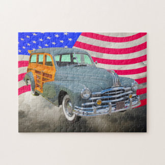 1948 Pontiac Silver Streak Woody And US Flag Jigsaw Puzzle