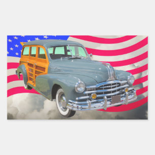 1948 Pontiac Silver Streak Woody And US Flag Rectangular Sticker