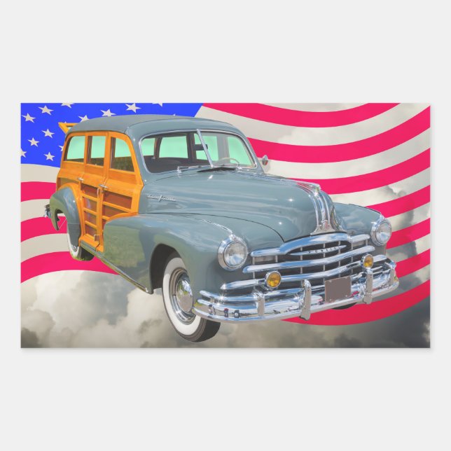 1948 Pontiac Silver Streak Woody And US Flag Rectangular Sticker (Front)