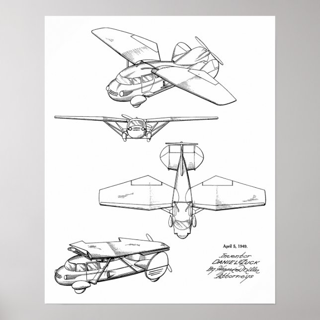 1949 Flying Car Aeroplane Patent Art Drawing Print (Front)