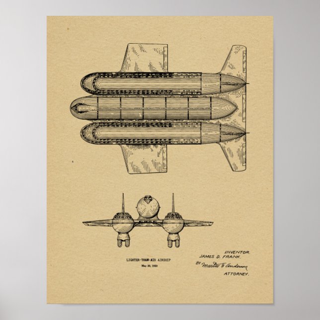 1950 Airship Aeroplane Patent Art Drawing Print (Front)